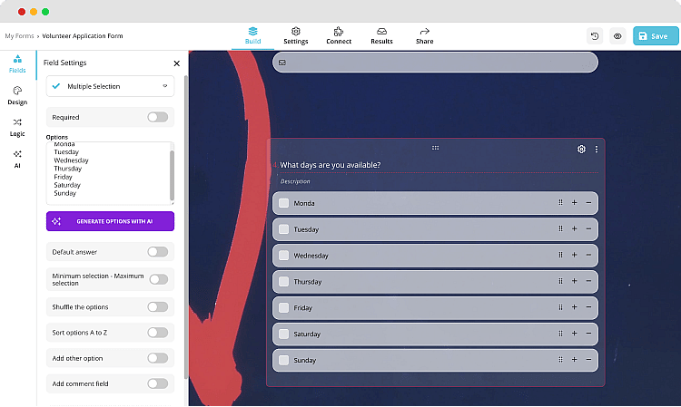 Adding questions and fields to your volunteer application form