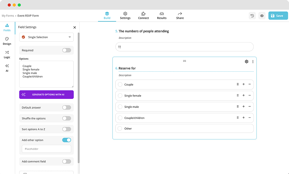 Adding your questions to a RSVP form