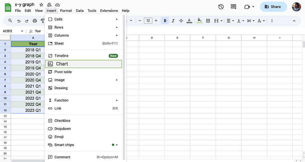 Click Insert then Chart to create your x-y graph