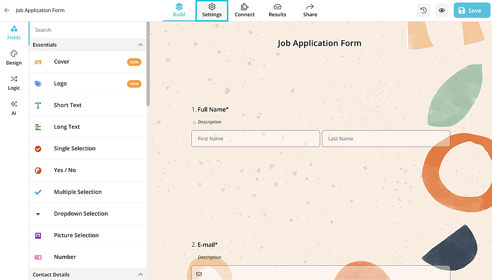 Create your form and go to settings