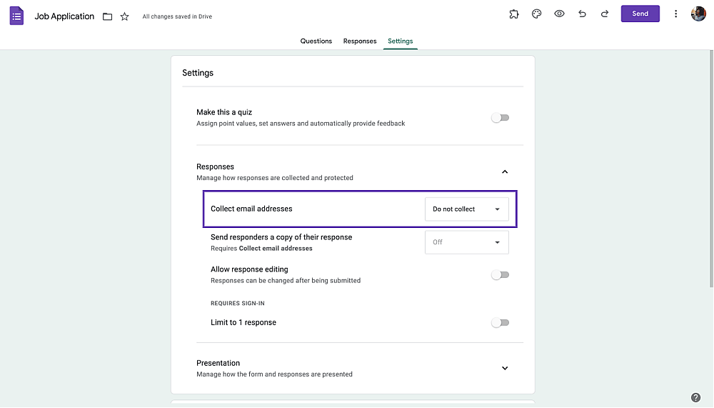 Enabling the collect email addresses option