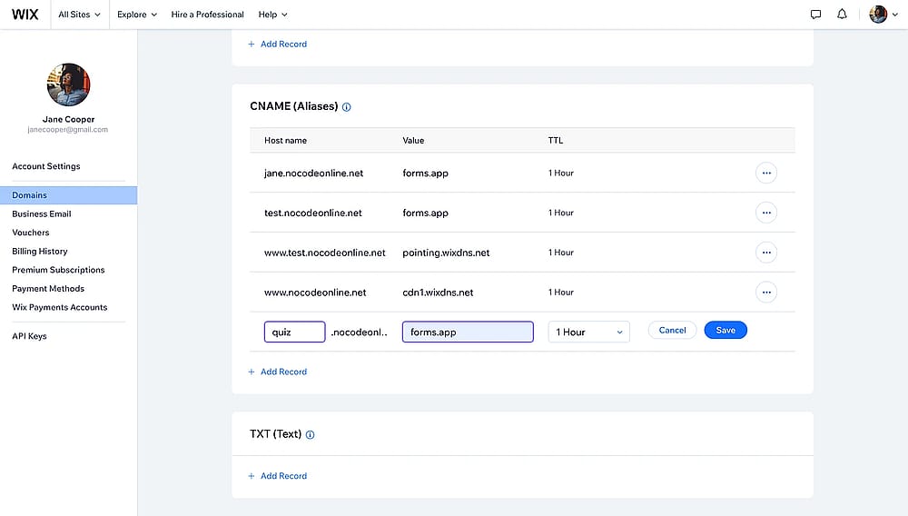 An image showing how to add a value to a CNAME on Wix