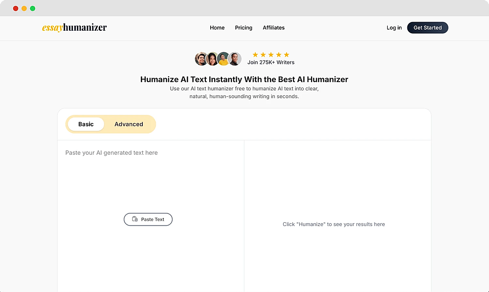 The homepage of HumanizeAI