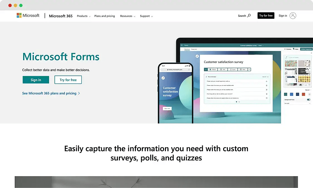 The home page of Microsoft Forms