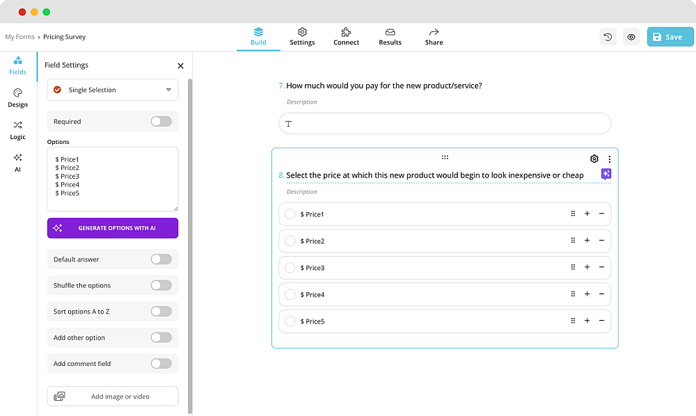 Adding questions and fields to your pricing form