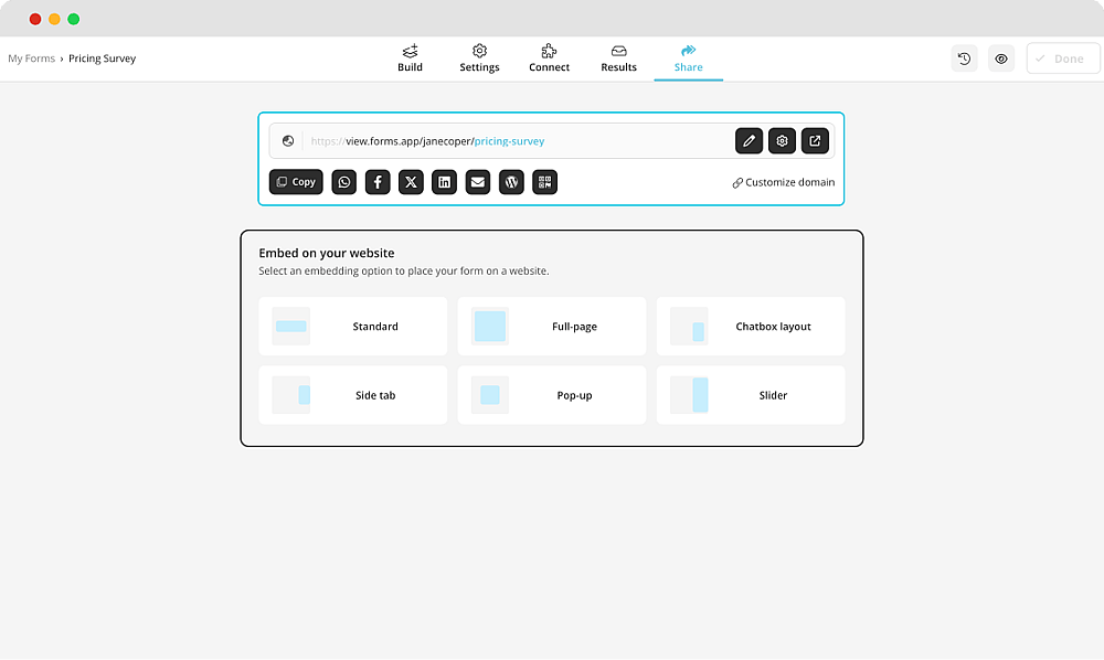 Choosing a sharing option for your pricing form