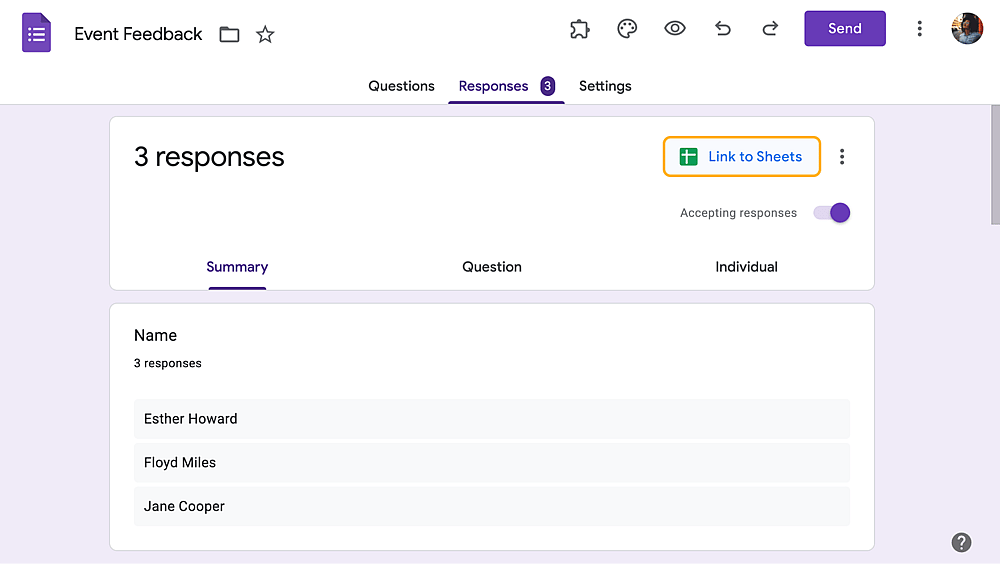 Enviar respostas para sua conta do Google Sheets