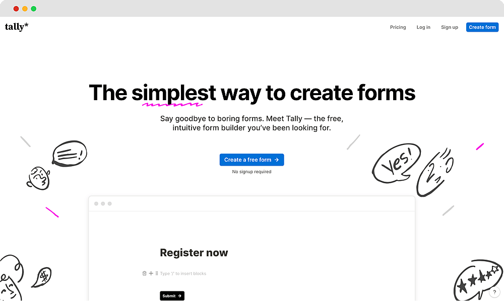 The homepage of Tally