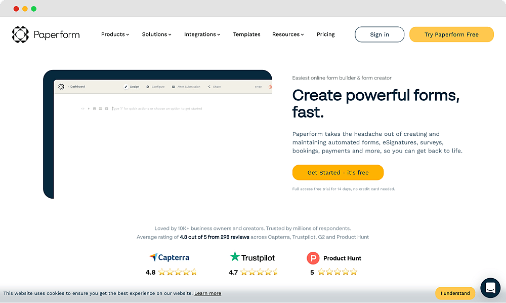 The homepage of Paperform