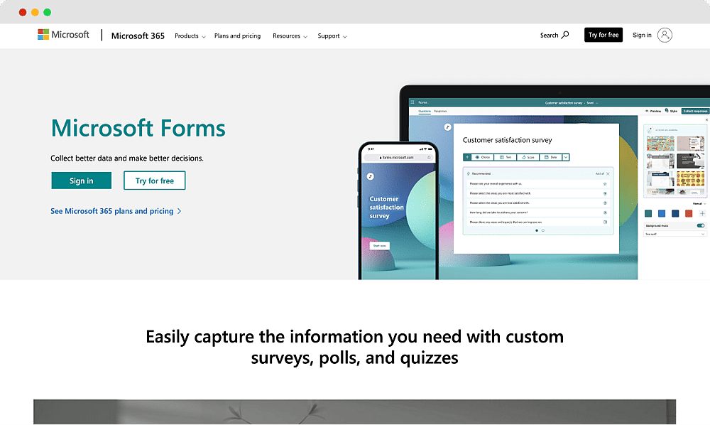 The homepage of Microsoft Forms