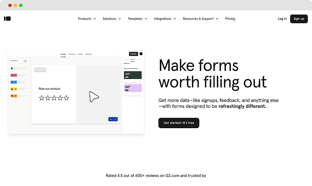 The homepage of Typeform