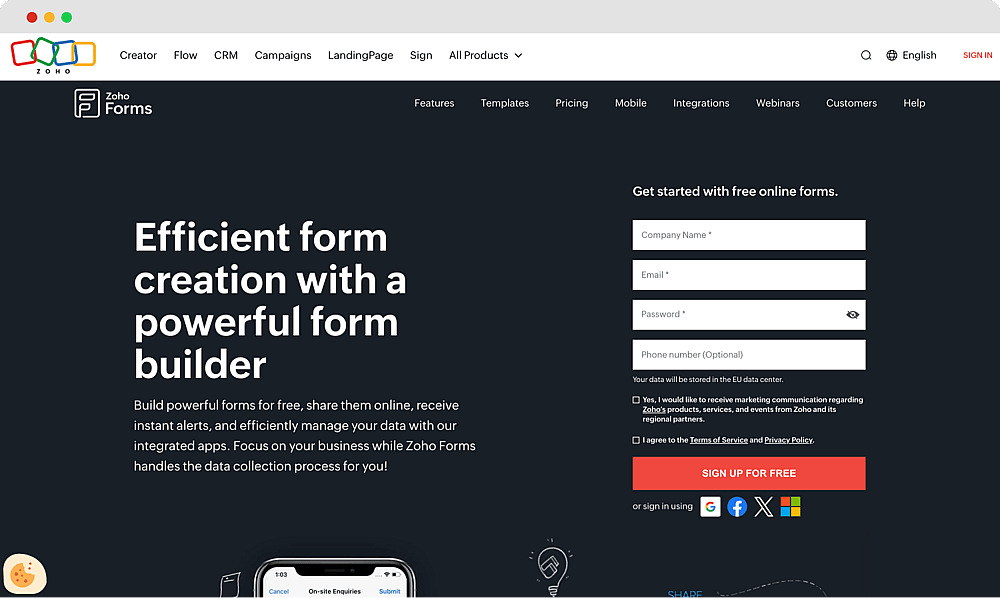 The homepage of Zoho Forms