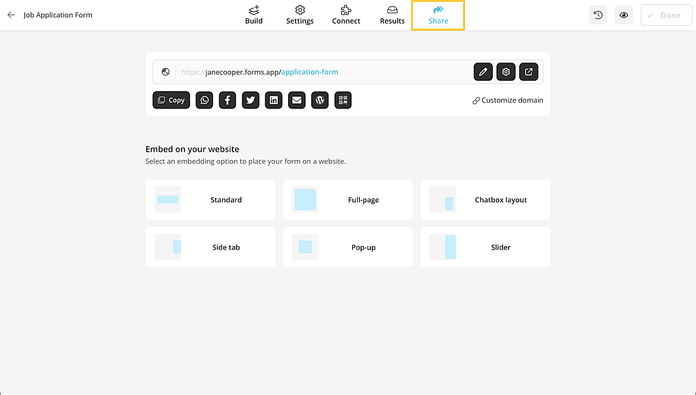 Go to the Share panel on forms.app