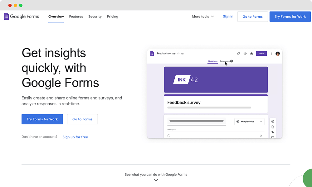 The homepage of Google Forms