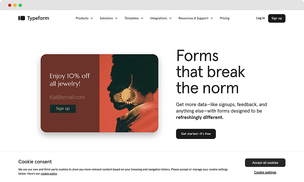 The homepage of Typeform