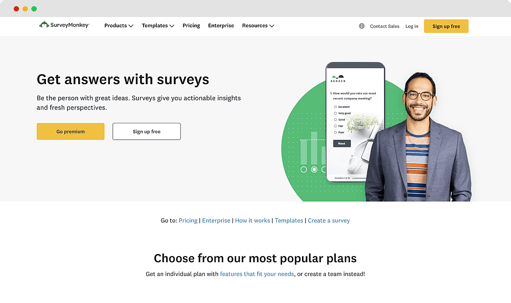The homepage of SurveyMonkey