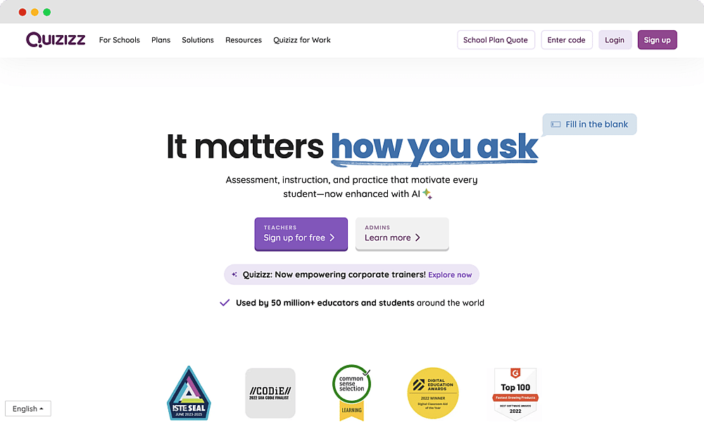 The homepage of Quizizz