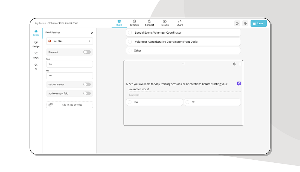 Adicionando perguntas e campos ao seu formulário de recrutamento de voluntários