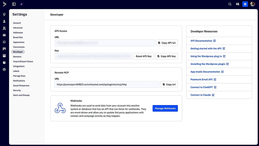 An image showing the “Settings” section of the “ActiveCampaign” dashboard, where you need to access before setting up the integration