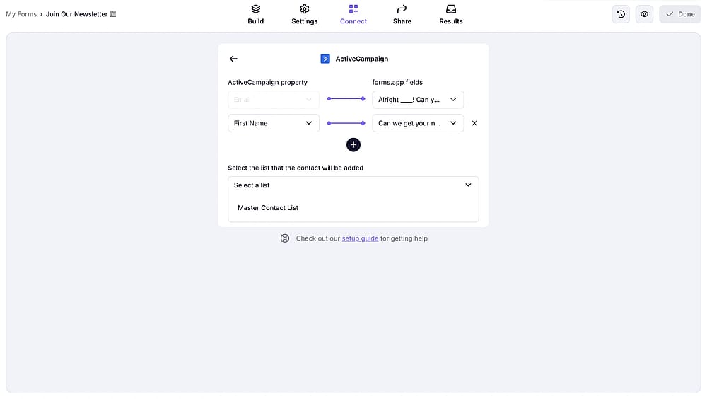 An image showing the area from the “Connect” section where you can match the fields and save your integration