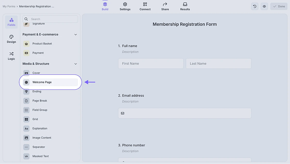 An image showing how to access the Welcome page element from the field menu on the left side in the Build mode