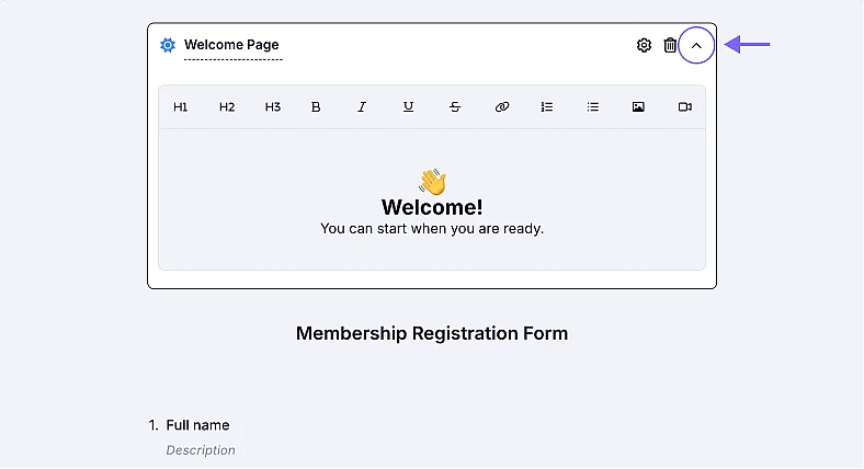 An image showing the “down arrow” icon on the field, which allows you to open the customization area of your Welcome Page