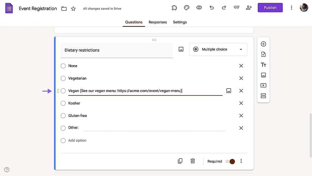 Adding a link to an answer option on Google Forms