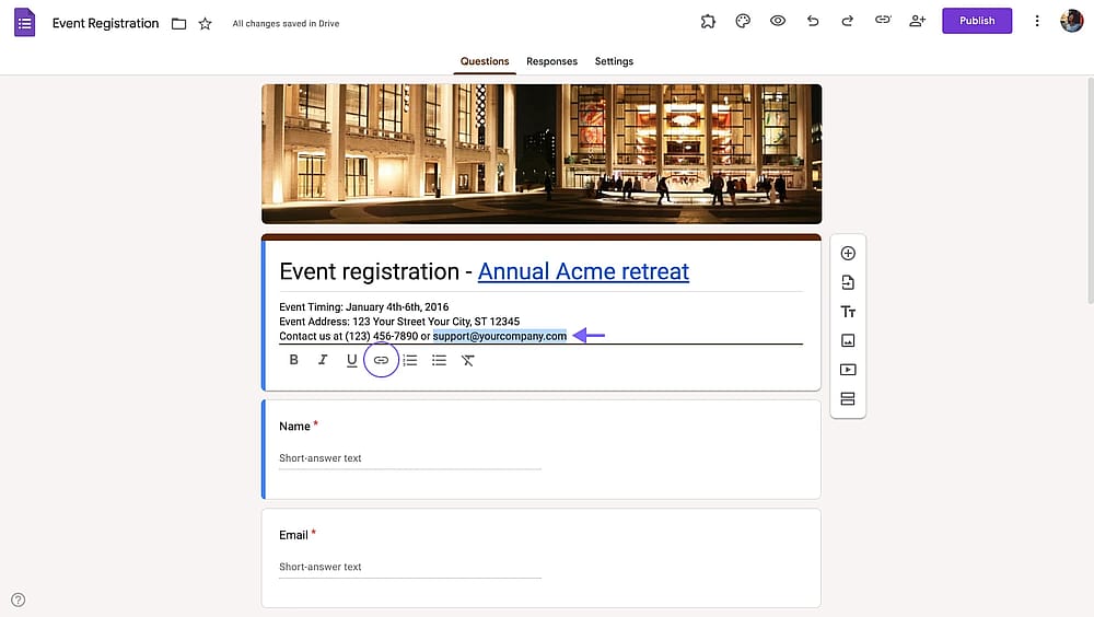 Selecting an email text on Google Forms