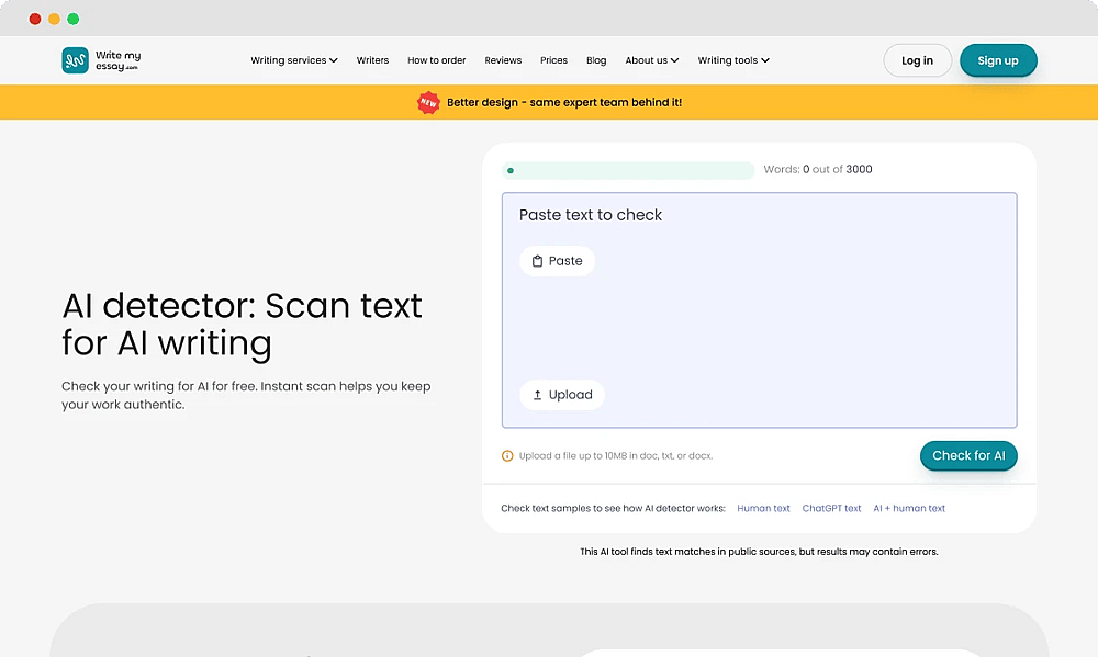 The homepage of WriteMyEssay AI Detector