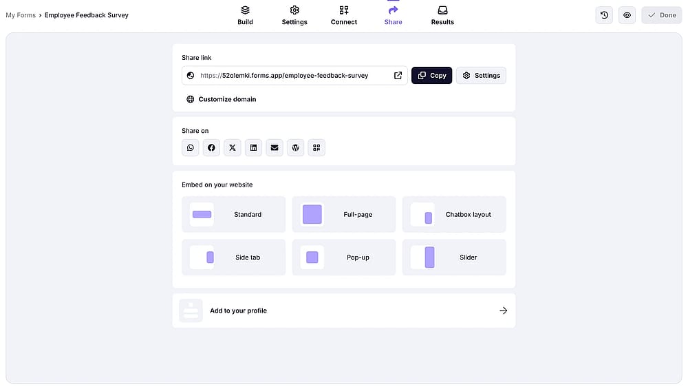 Die Formularfreigabeseite auf forms.app