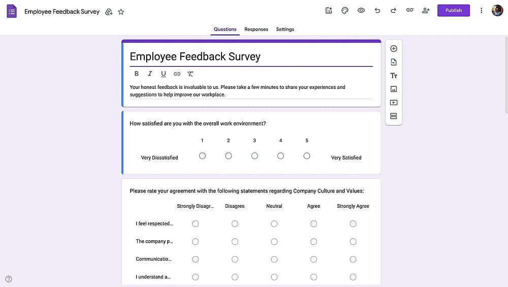 Ein individuelles Mitarbeiter-Feedback-Formularbeispiel auf Google Forms