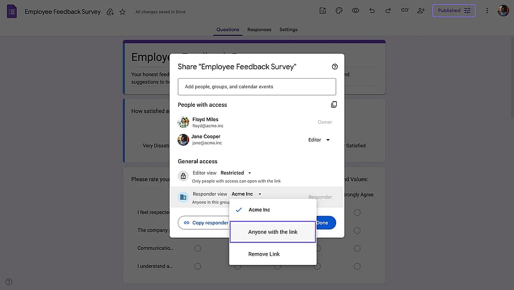 Ändern von Organisationsbeschränkungen beim Veröffentlichen eines Google-Formulars