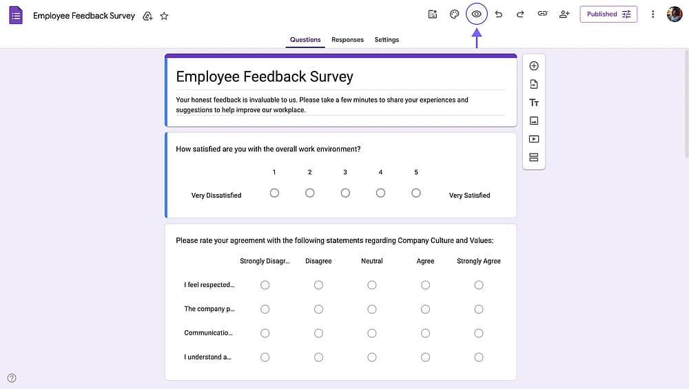 Der Standort der Vorschaltfläche auf Google Forms