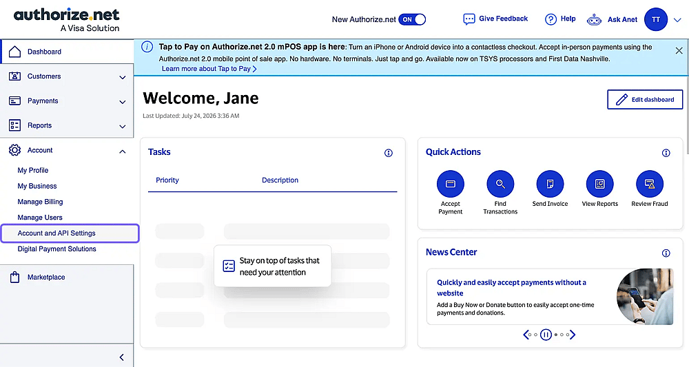 Image showing the Account and API settings option on Authorize.net