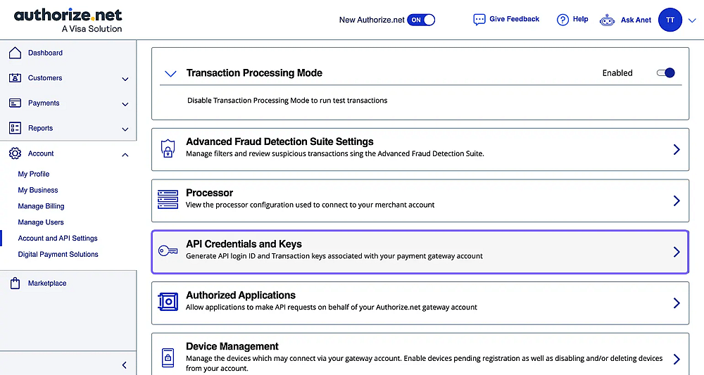 Image showing the API Credentials and Keys option under Account and API settings menu