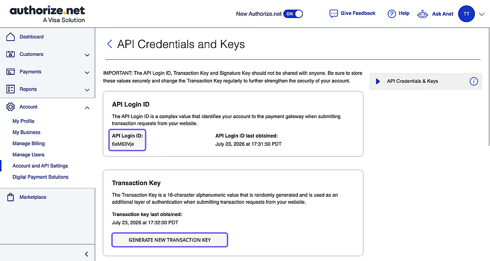 Image showing the API Login ID and new Transaction Key options