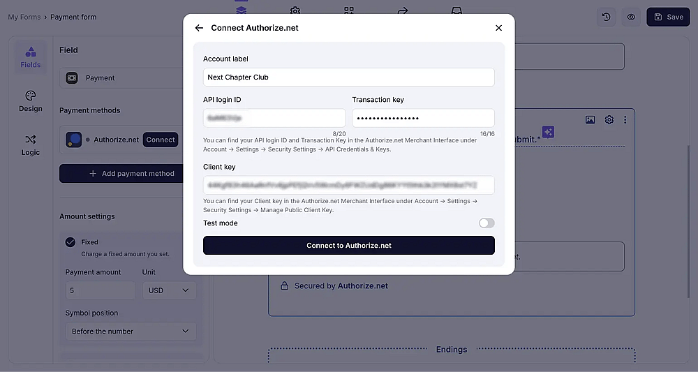 Image showing the integration set-up pop-up for Authorize.net on forms.app