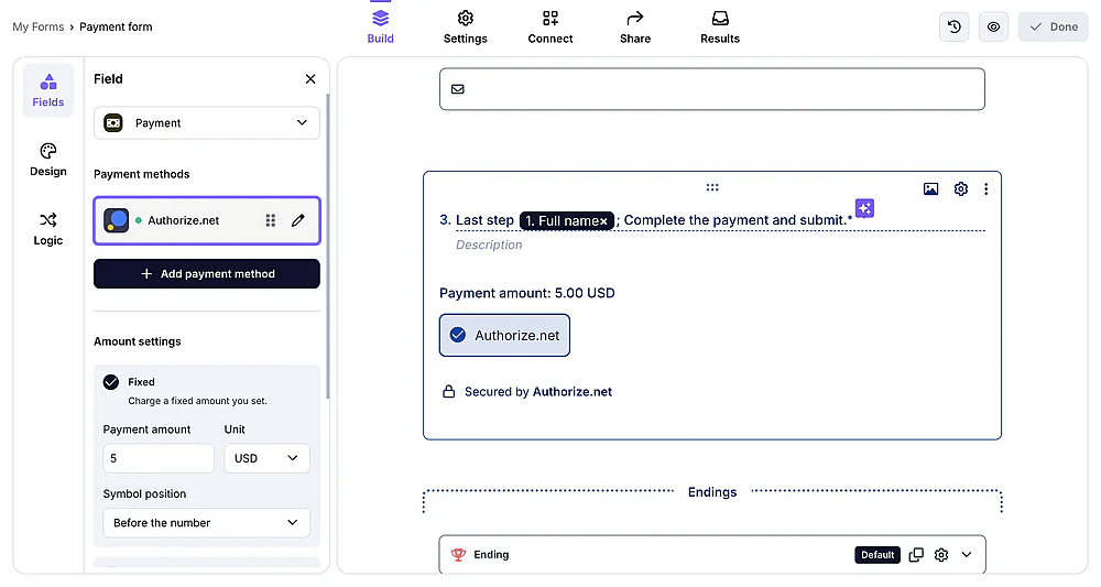 Image showing a successfully set-up Authorize.net integration on forms.app
