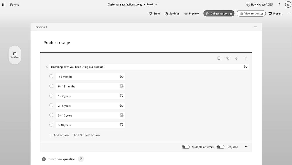 Workspace of MS Forms