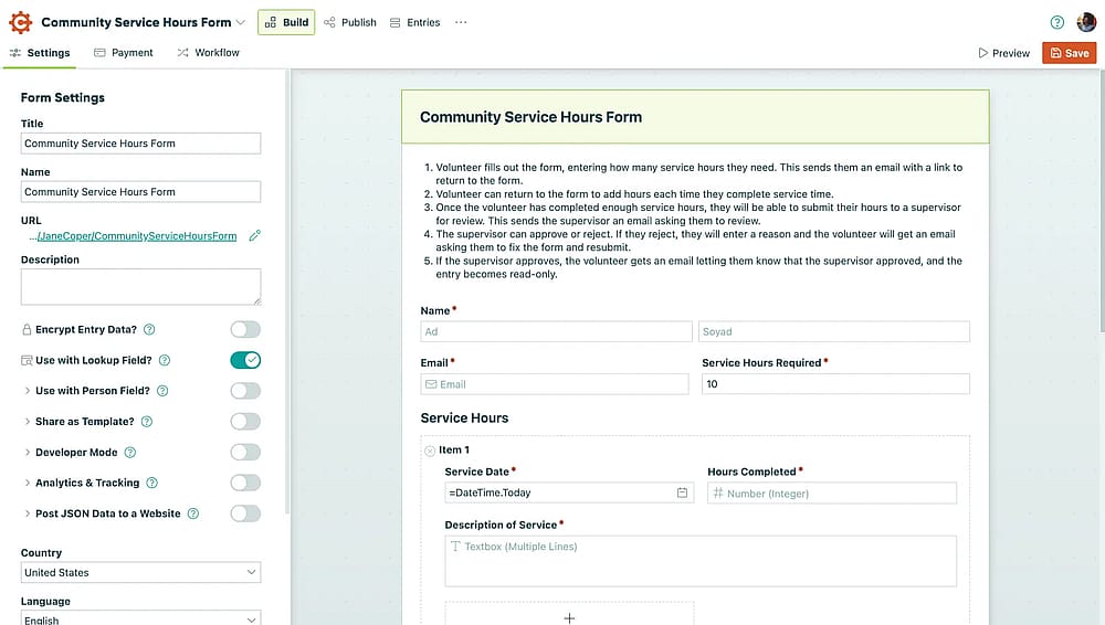 Workspace of Cognito Forms