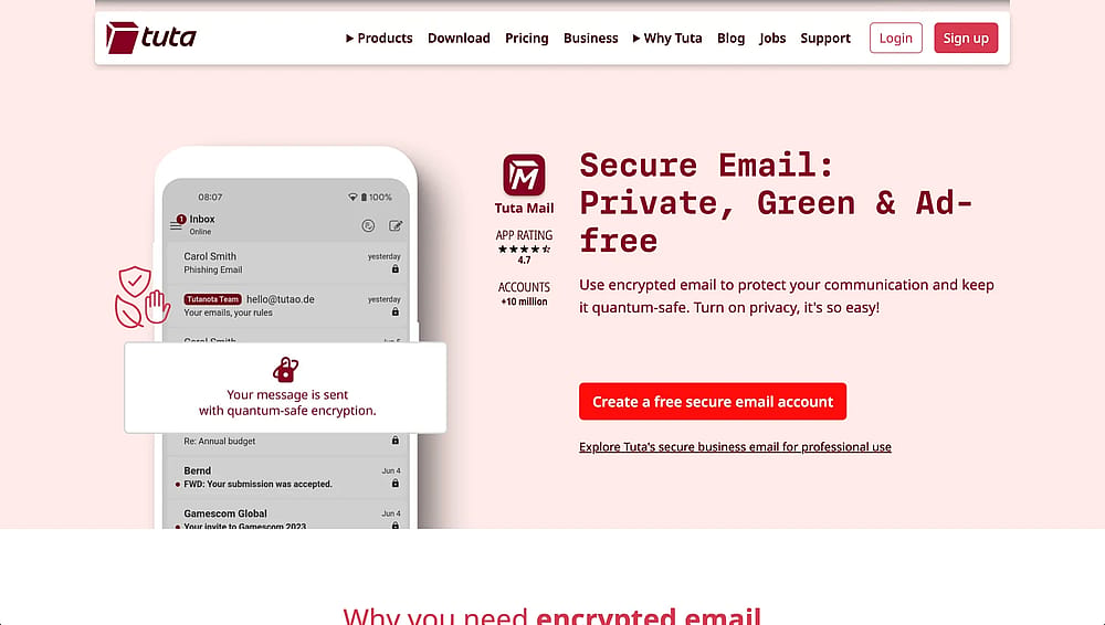 Homepage of Tuta