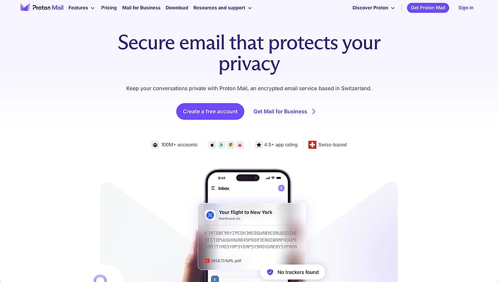 Homepage of Proton Mail