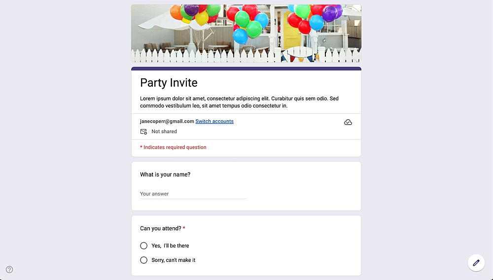 Party-Einladungsformular auf Google Forms
