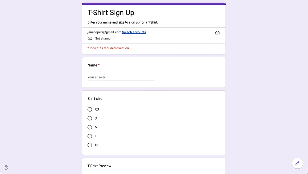 T-Shirt-Anmeldeformular auf Google Forms