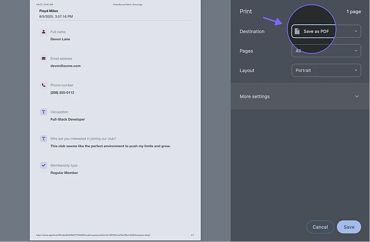 An image showing how you can save your form as a PDF file while the Print menu is opened