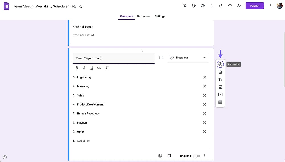 Add question (+) button at the right of the Google Form edit page