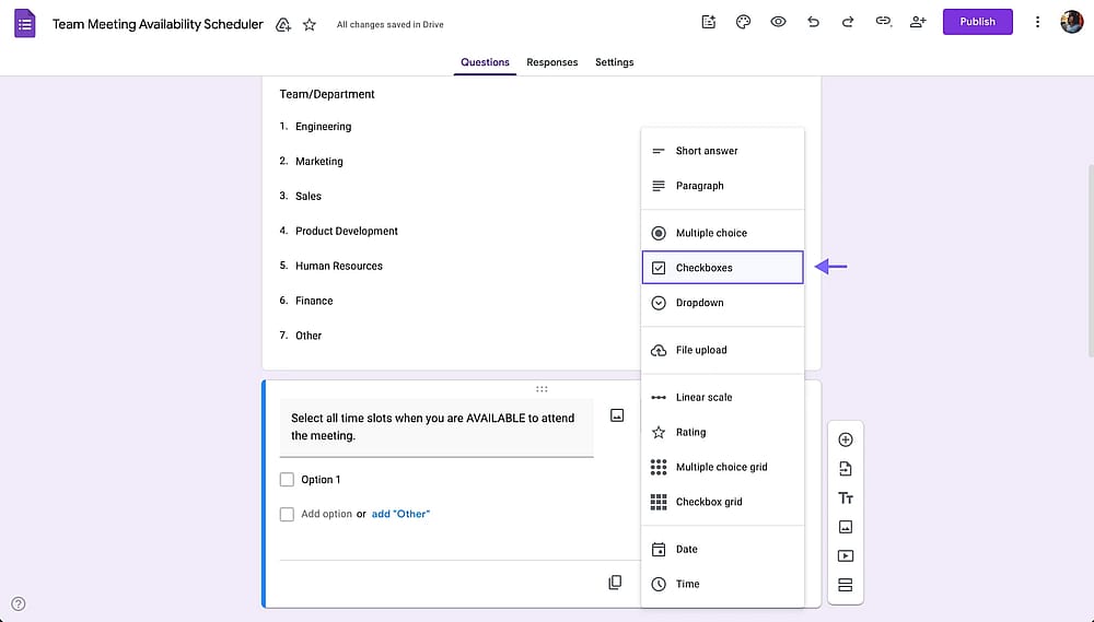 Changing the question type by clicking on the question type dropdown