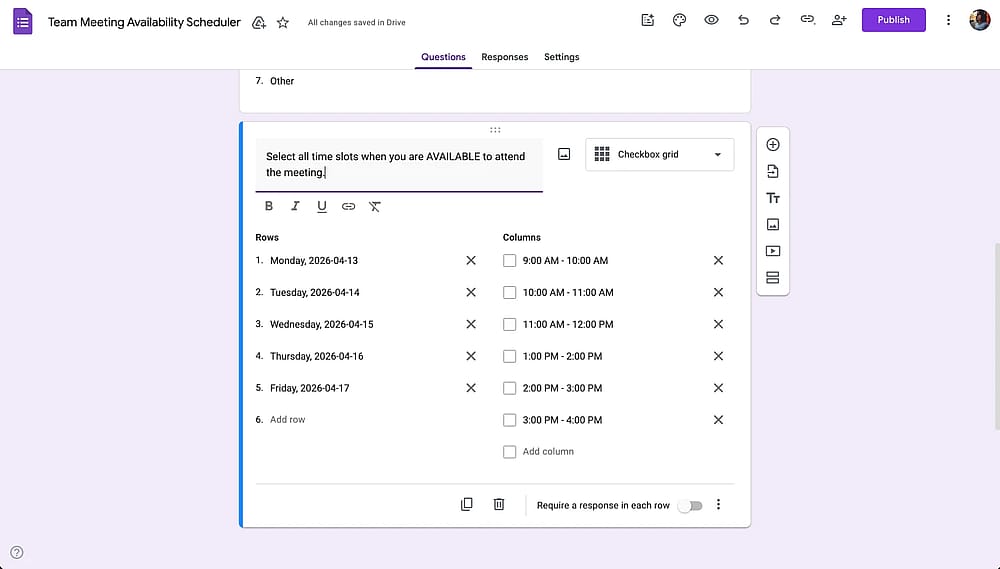 Checkbox grid rows and column labels