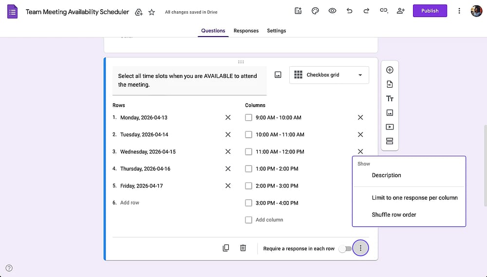 Checkbox grid question settings