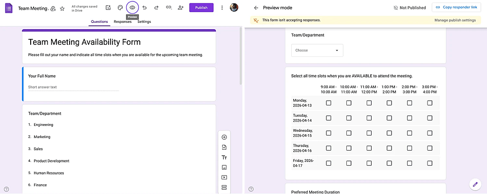 The preview icon and the preview of a checkbox grid in Google Forms